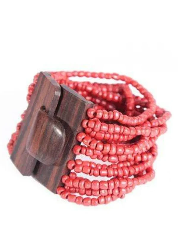 Bracciale Fibbia legno e perline di vetro elasticizzato