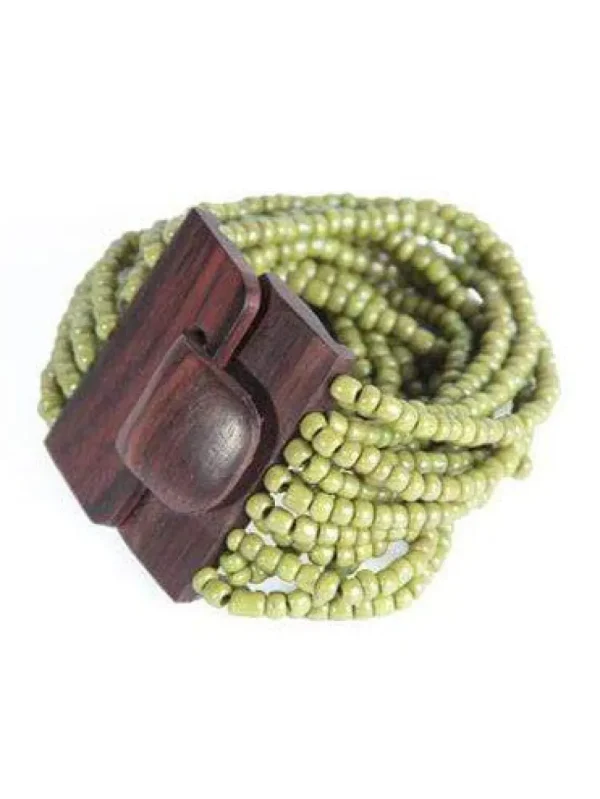 Bracciale Fibbia legno e perline di vetro elasticizzato