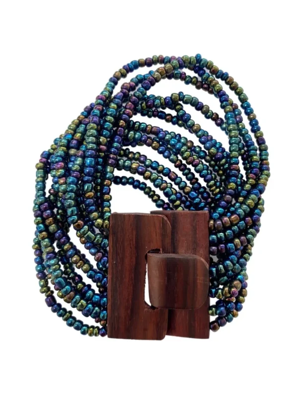 Bracciale Fibbia legno e perline di vetro elasticizzato