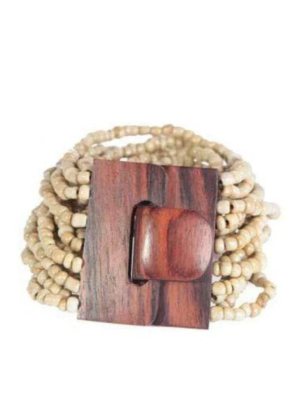 Bracciale Fibbia legno e perline di vetro elasticizzato