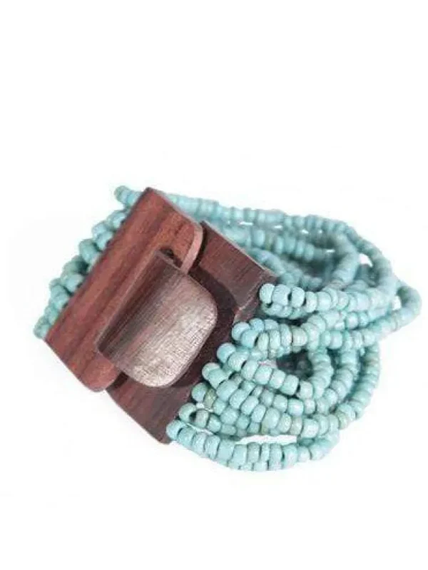 Bracciale Fibbia legno e perline di vetro elasticizzato