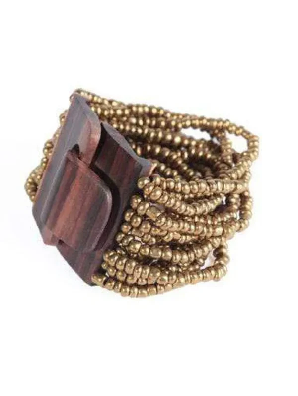 Bracciale Fibbia legno e perline di vetro elasticizzato