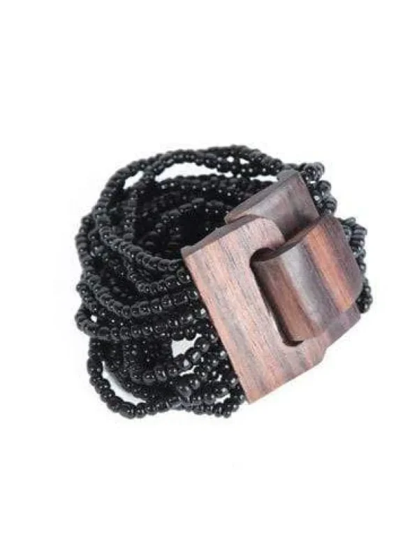 Bracciale Fibbia legno e perline di vetro elasticizzato