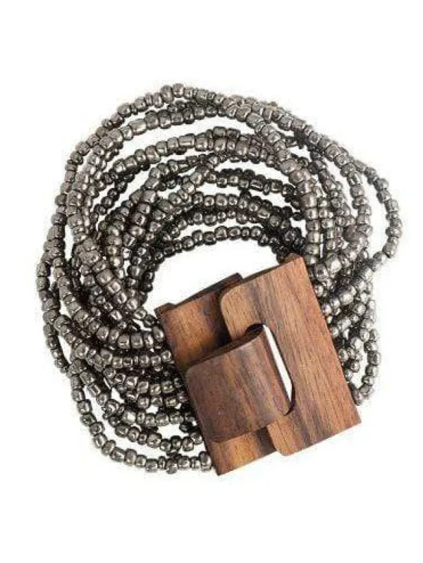 Bracciale Fibbia legno e perline di vetro elasticizzato