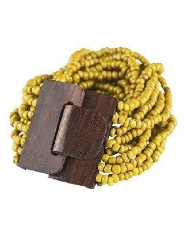 Bracciale Fibbia legno e perline di vetro elasticizzato