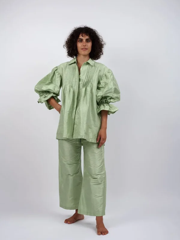 Camicia Boho Verde Seta Grezza Leela