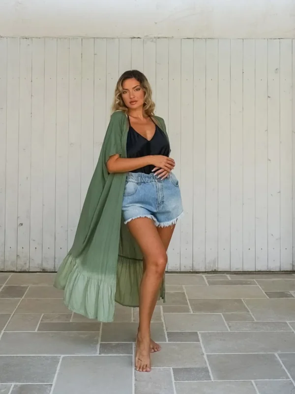 Kimono lungo rayon con balza stampa sfumata Zelia