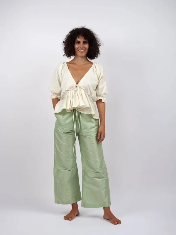 Pantaloni Verdi Kamal in Seta Grezza