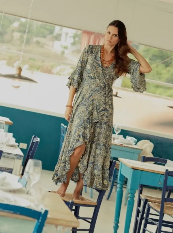 Vestito lungo wrap seta rouches Gilda