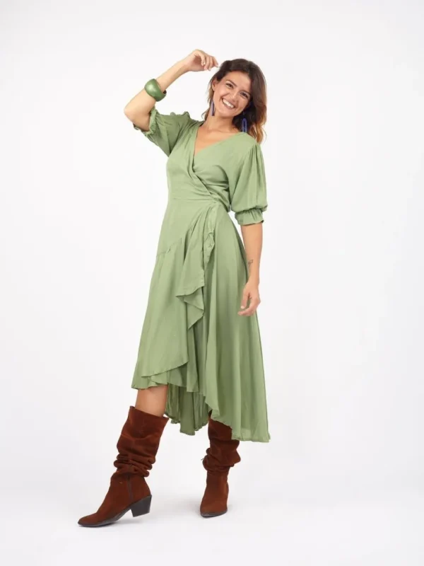Vestito midi a portafoglio dettaglio manica Sasha